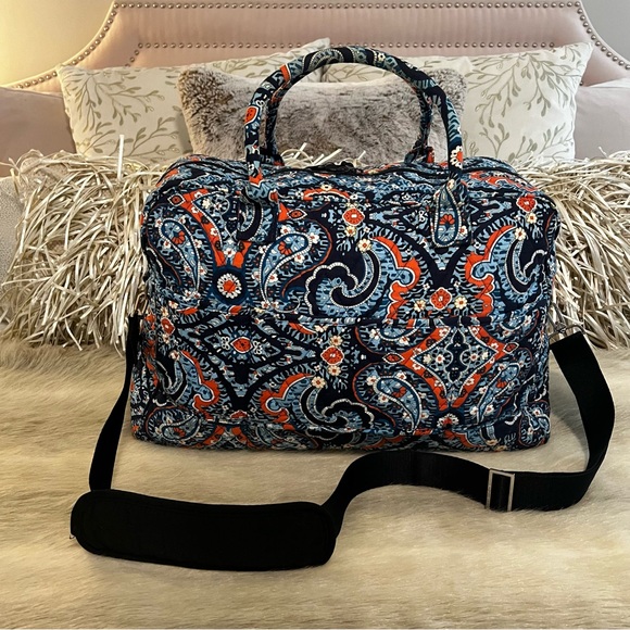 VERA BRADLEY Marrakech 2015 Weekender Trolly Bag Navy Orange Travel Quilted - Picture 7 of 14